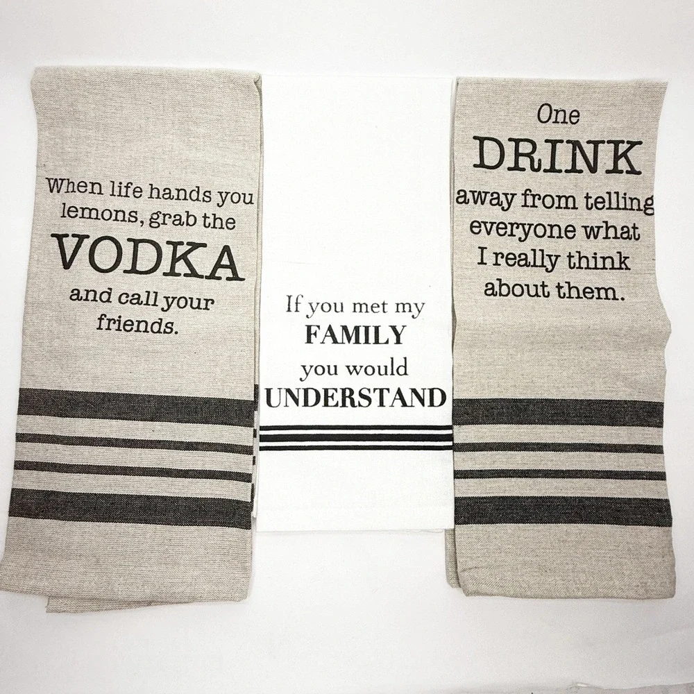 Funny Tea Towel Set 3pc Oatmeal White Striped Kitchen Bar Dish Towels Alcohol